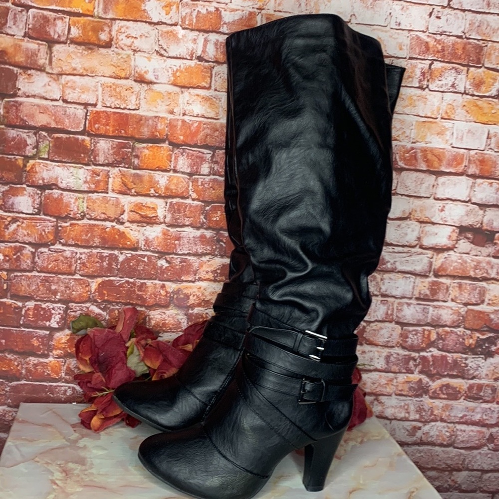 Black Slouchy Faux Leather High Heeled Wide Calf Over the Knee Boots